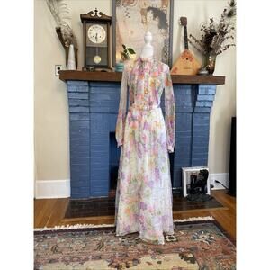 Vtg GILBERTS TALLY Sheer Floral Chiffon Pintuck Garden Party Wedding Maxi Dress